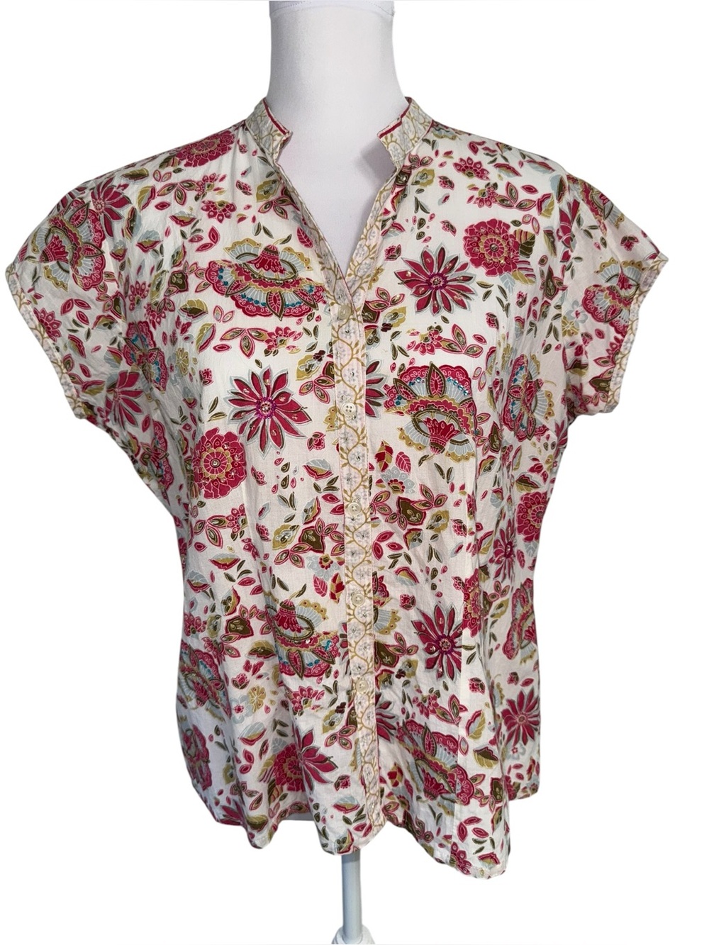 Cato Floral Paisley Sequined Button Front Blouse Cottagecore Boho Cotton Large